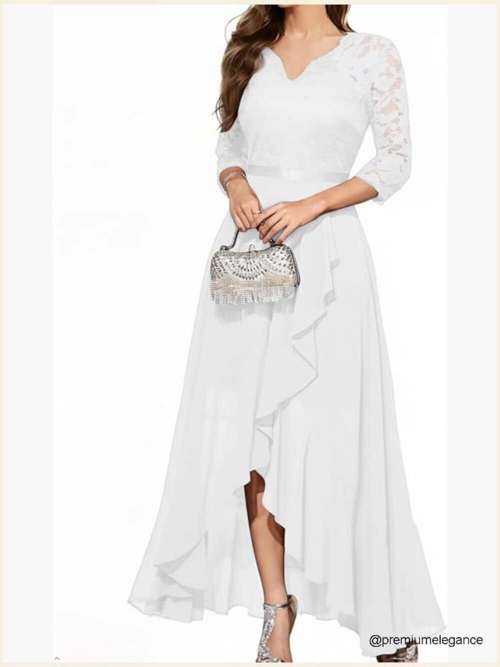 V-Neck Hi-Lo Formal Dress Lace Chiffon Tea Length Cocktail Party